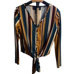 Polly & Esther Womens Striped Button Down Tie Front Long Sleeve Top Multicolor